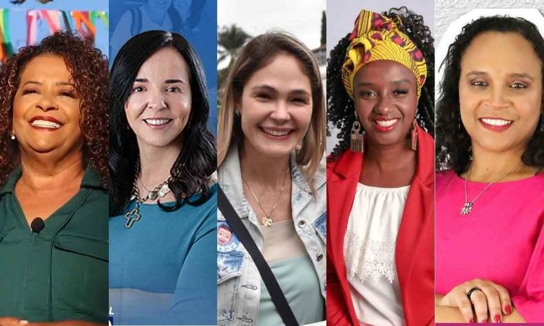 Leninha (PT), Ione Pinheiro (União), Delegada Sheila (PL), Andréia de Jesus (PT) e Ana Paula Siqueira (Rede)(foto: EM/Montagem) Montagem com os retratos de Leninha (PT), Ione Pinheiro (União), Delegada Sheila (PL), Andréia de Jesus (PT) e Ana Paula Siqueira (Rede)