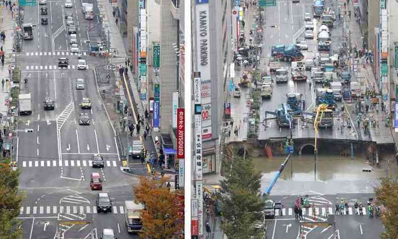 Depois e antes: aps uma semana do incidente, trnsito no local j est completamente liberado(foto: JIJI PRESS)