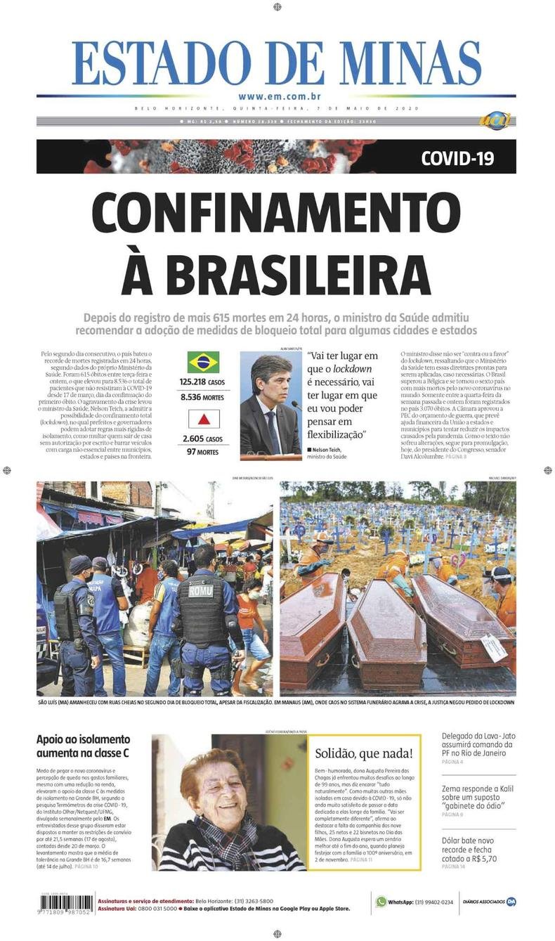 Confira a Capa do Jornal Estado de Minas do dia 07/05/2020(foto: Estado de Minas)