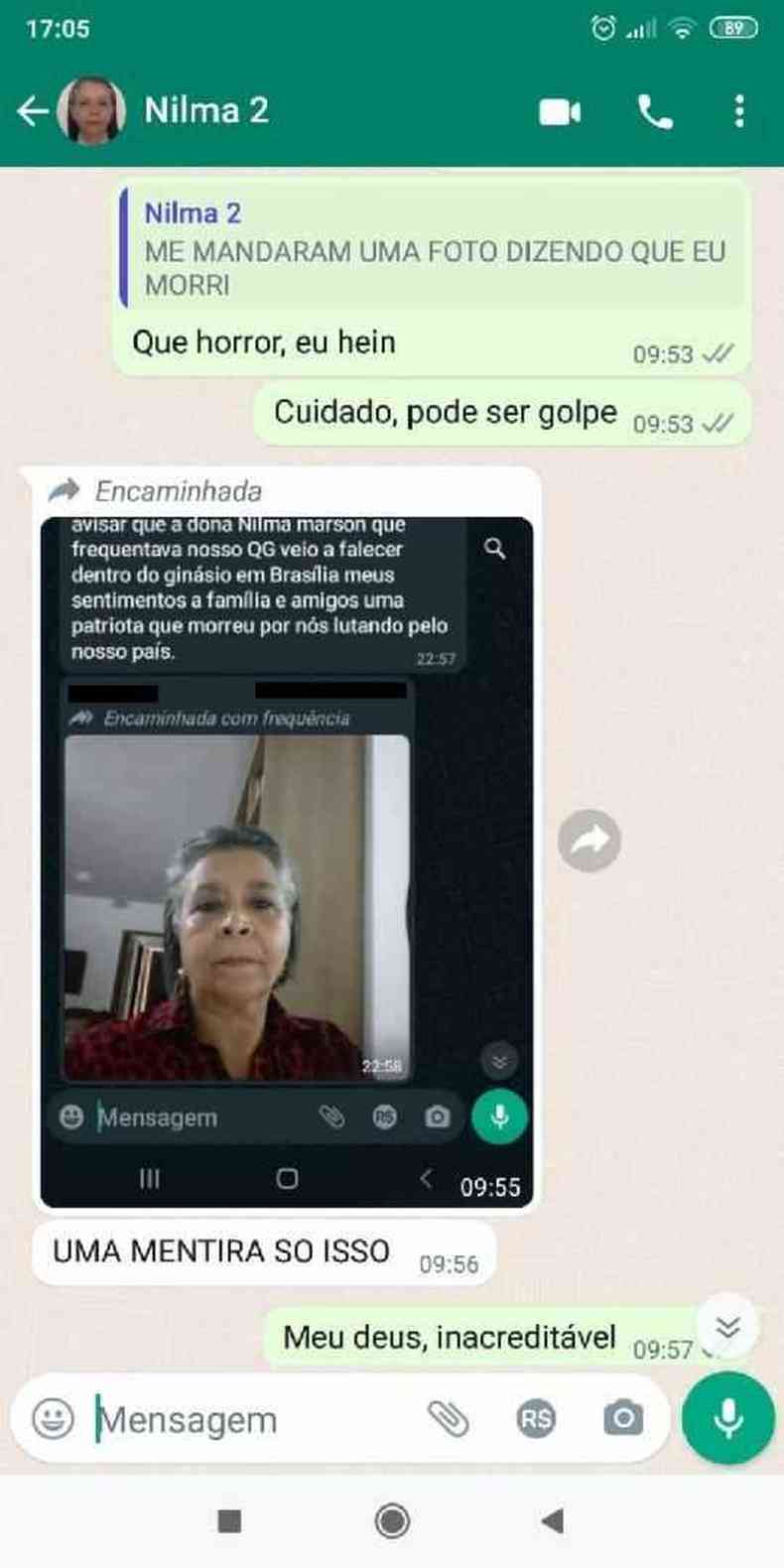 Captura de tela de uma conversa no WhatsApp entre Nilma e Sylvia Marson, enviada ao AFP Checamos em 11 de janeiro de 2023