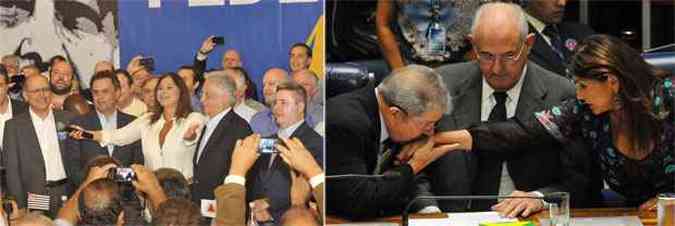 De volta  cena poltica, Faf acompanha os tucanos Alckmin, Acio, Fernando Henrique e Anastasia ( esquerda). Ao lado de Nelson Jobim, a intrprete  cumprimentada por Lula, na celebrao dos 25 anos da Constituio(foto: Juarez Rodrigues/EM/D.A.Press - 18/11/13 / Iano Andrade/CB/D.A.Press 29/10/13)