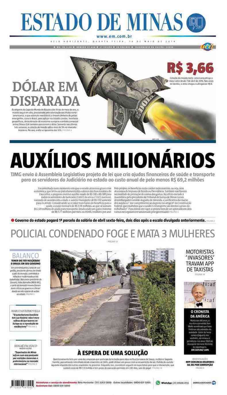 Confira a Capa do Jornal Estado de Minas do dia 16/05/2018