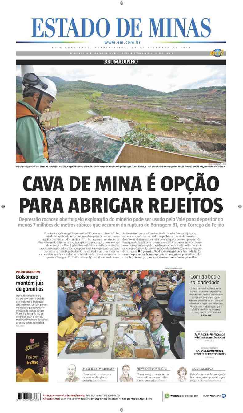 Confira a Capa do Jornal Estado de Minas do dia 26/12/2019(foto: Estado de Minas)
