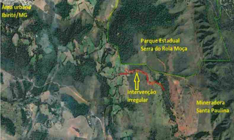 Mapa de rea de minerao irregular no Parque da Serra do Rola Moa, em Ibirit (MG)