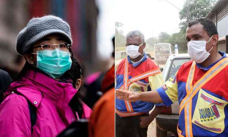 Chinesa se protege contra coronavrus enquanto em Sabar os funcionrios da prefeitura usam mscaras para se proteger da poeira(foto: AFP/JAIR AMARAL/EM/D.A PRESS)