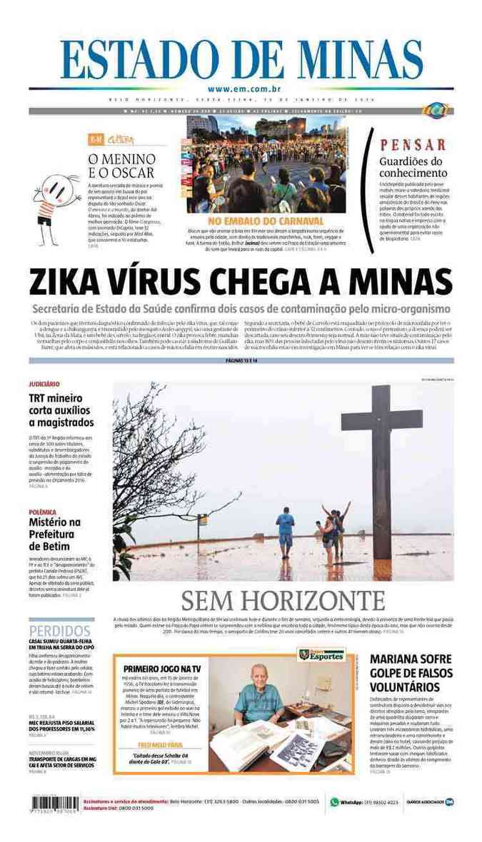 Confira a Capa do Jornal Estado de Minas do dia 15/01/2016