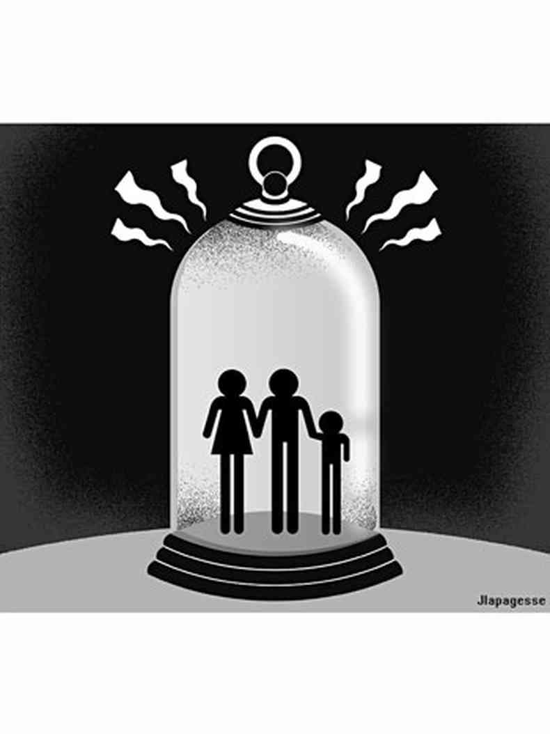 Ilustração mostra pai, mãe e filho trancados dentro de redoma de vidro