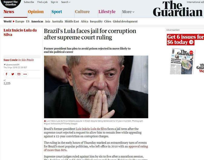 O britânico The Guardian destacou o motivo da prisão de Lula em reportagem com destaque na capa(foto: Reprodução) O britânico The Guardian destacou o motivo da prisão de Lula em reportagem com destaque na capa(foto: Reprodução)