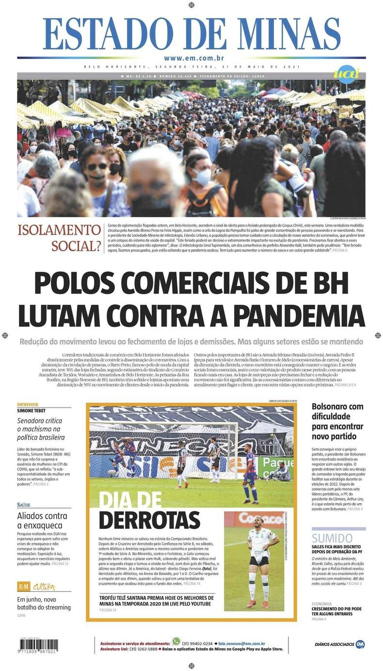 Confira a Capa do Jornal Estado de Minas do dia 31/05/2021(foto: Estado de Minas)