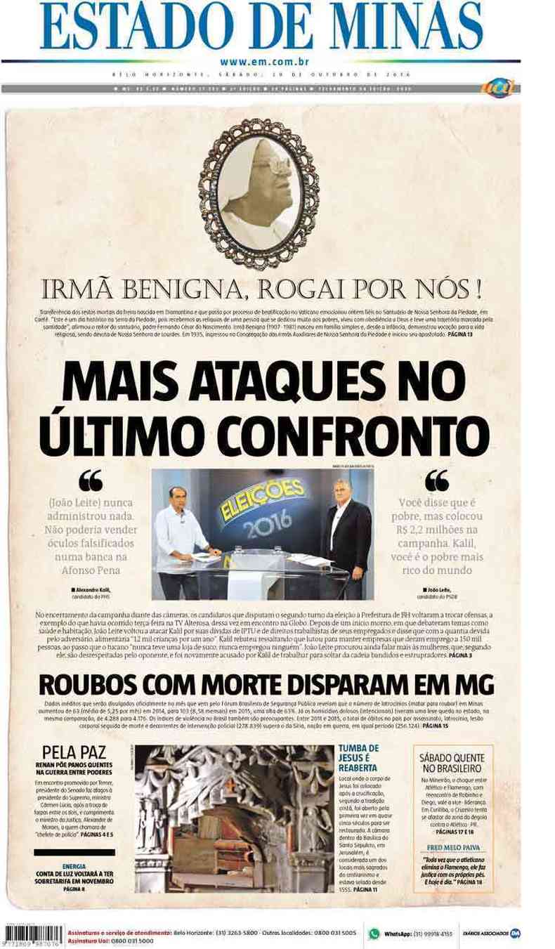 Confira a Capa do Jornal Estado de Minas do dia 29/10/2016