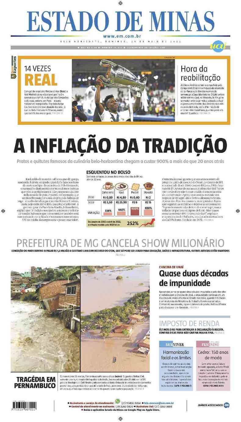 Confira a Capa do Jornal Estado de Minas do dia 29/05/2022