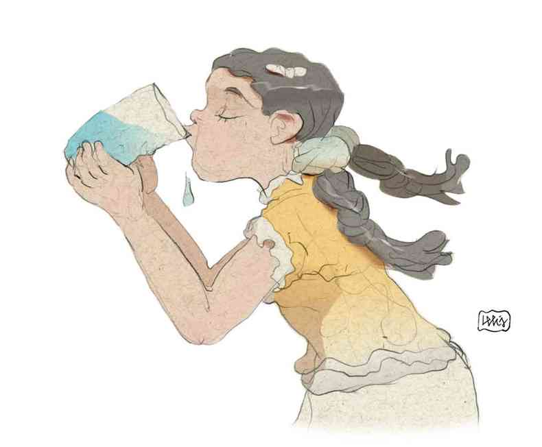 Ilustrao mostra garota de tranas, de lado, tomando um copo de gua