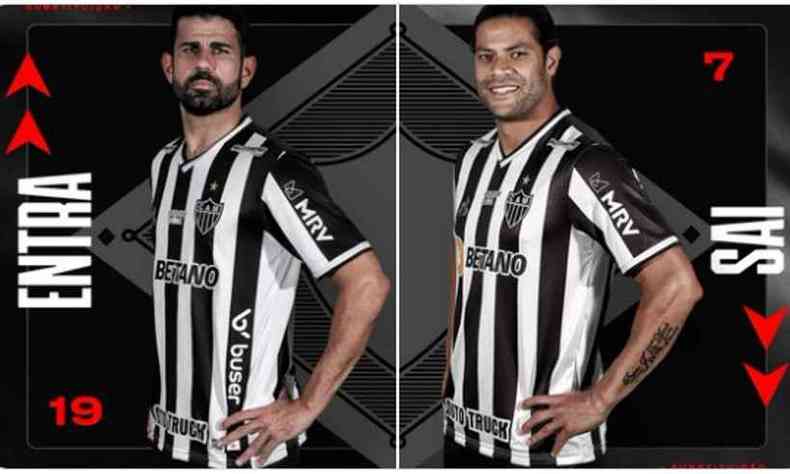 Atacantes Diego Costa e Hulk, lado a lado, vestidos com a camisa do Atlético