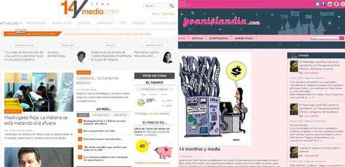 Na metade esquerda da imagem o site 14ymedio como  visto em todo o mundo, menos em Cuba, que v a metade direita, o site yoanislandia, que critica a blogueira(foto: Reproduo)