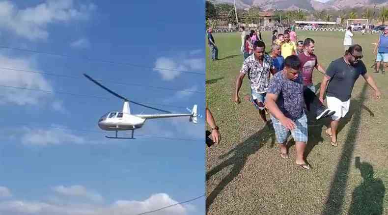 Montagem de duas fotos: o helicptero bateu em cabos de alta tenso quando se preparava para pousar em um campo de futebol. Vtimas foram resgatadas imediatamente