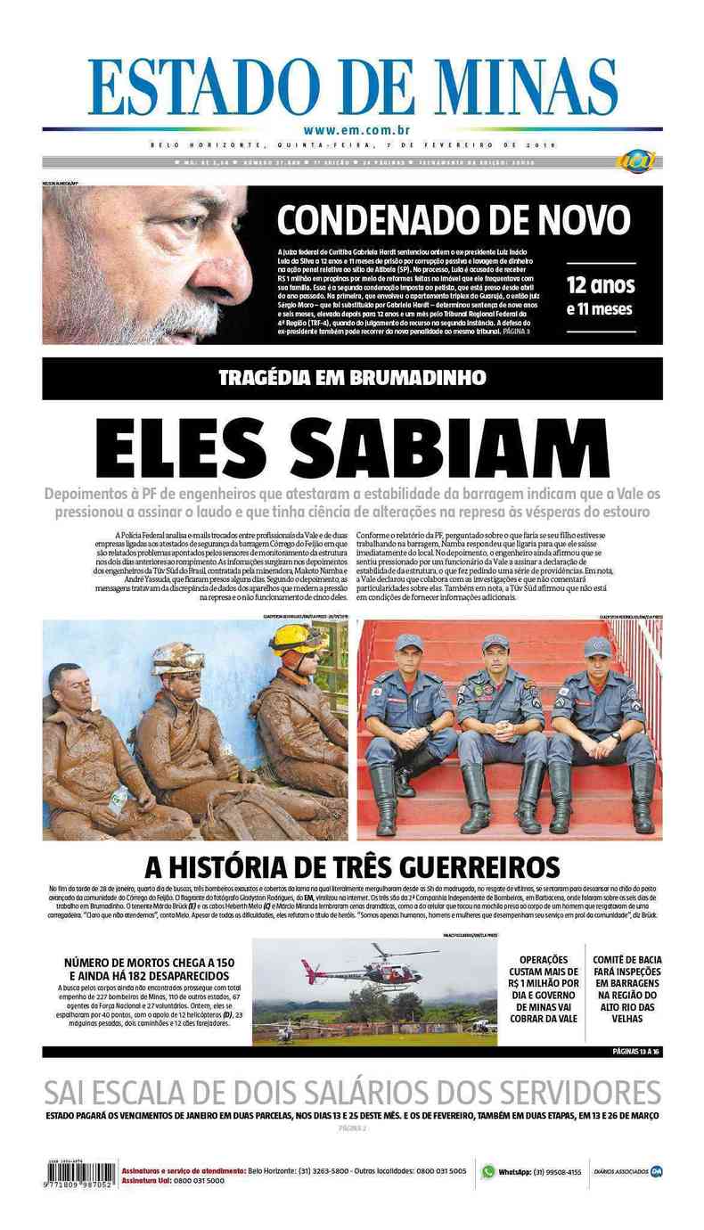 Confira a Capa do Jornal Estado de Minas do dia 07/02/2019(foto: Estado de Minas)
