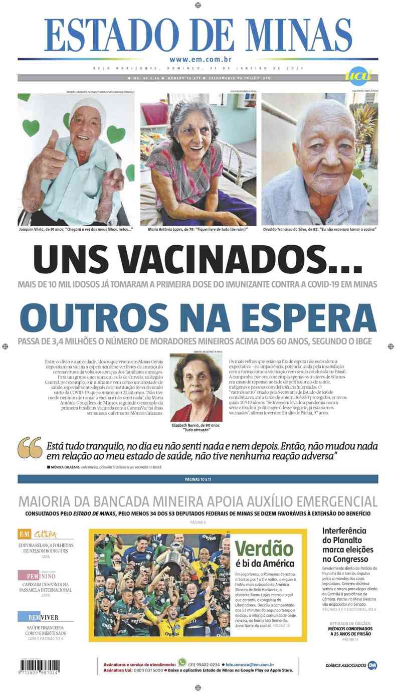 Confira a Capa do Jornal Estado de Minas do dia 31/01/2021(foto: Estado de Minas)