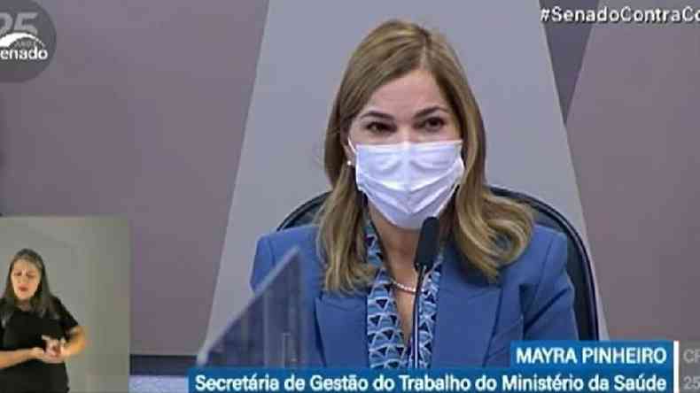 Mayra Pinheiro admitiu  CPI que foi autora de udio que dizia que 'h um pnis na porta da Fiocruz'(foto: Reproduo/TV Senado)