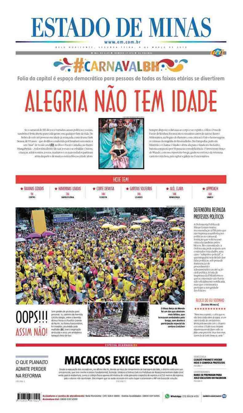 Confira a Capa do Jornal Estado de Minas do dia 04/03/2019(foto: Estado de Minas)