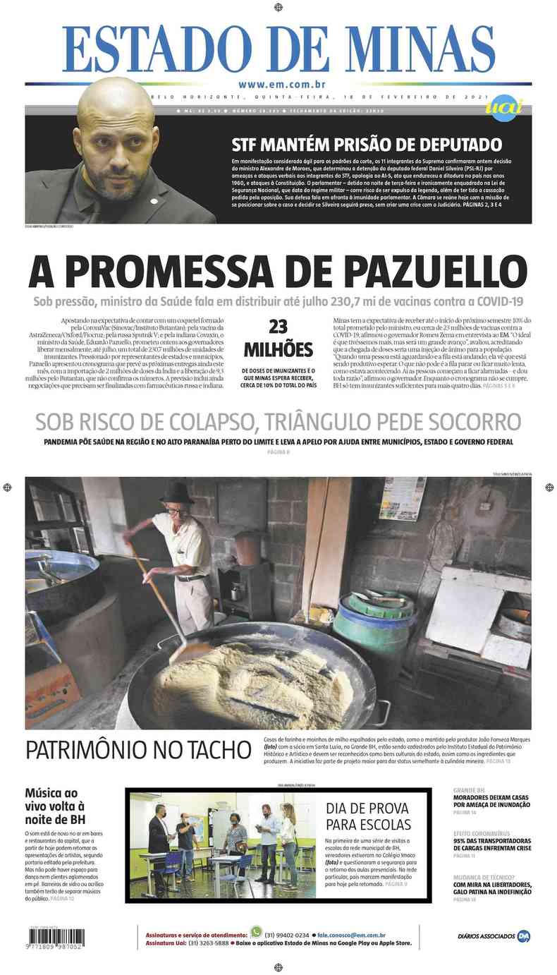 Confira a Capa do Jornal Estado de Minas do dia 18/02/2021(foto: Estado de Minas)