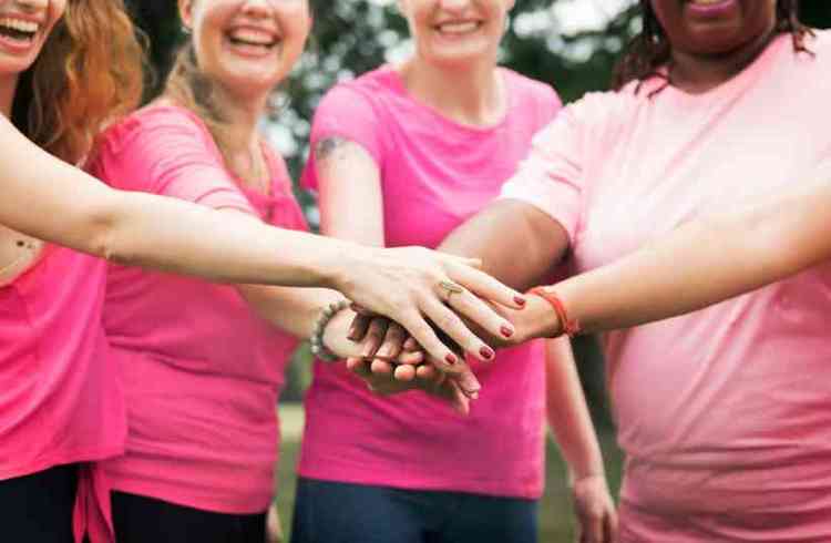 Mulheres vestindo rosa de mos dadas