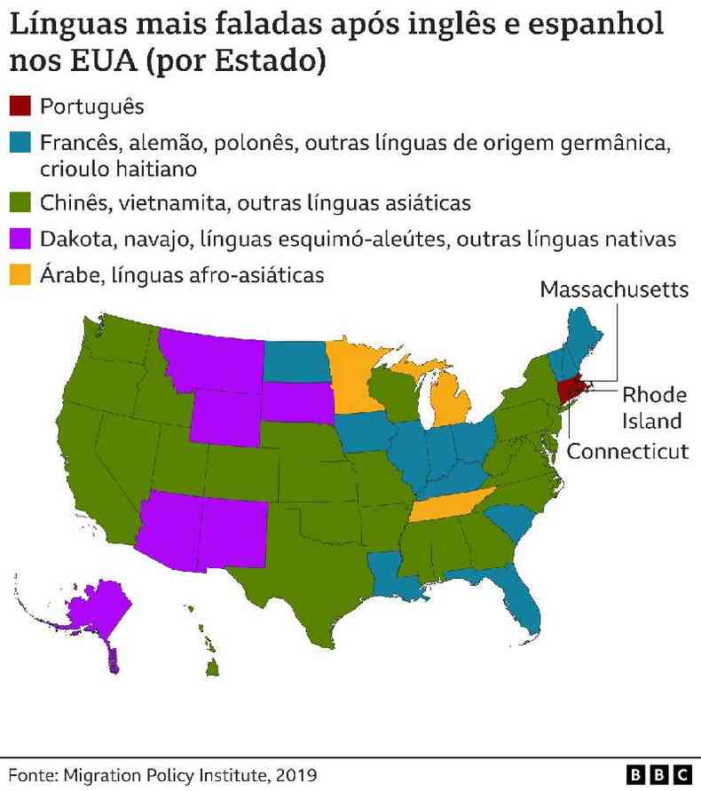 Mapa mostra línguas mais faladas nos EUA após inglês e espanhol