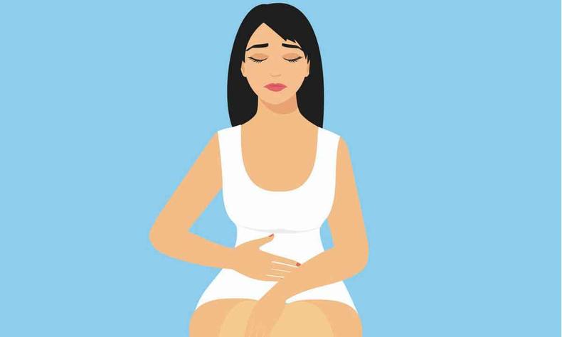 Ilustrao mostra mulher sentada, com expresso de dor, e as mos na barriga