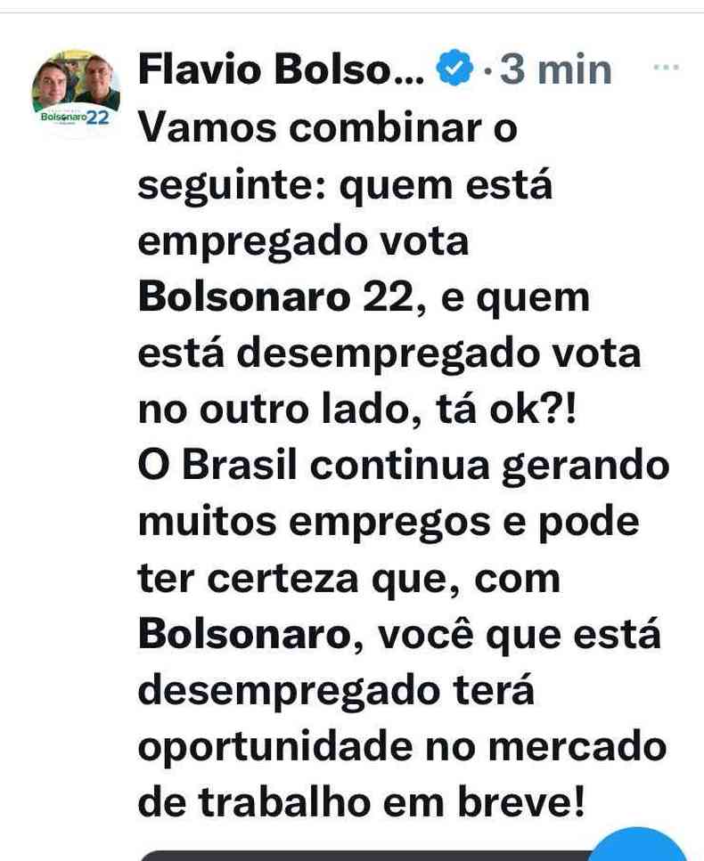 Post apagado de Flvio Bolsonaro divide votos do segundo turno entre empregados e desempregados