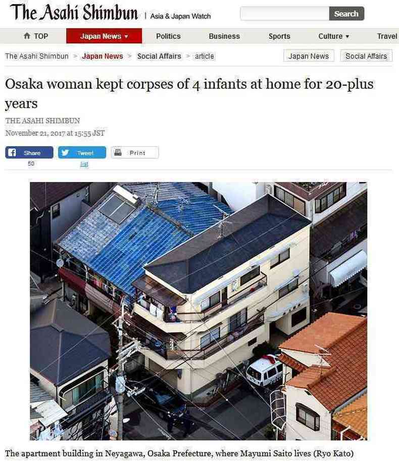 Notcia foi destaque em site de jornal japons que mostrou o prdio onde ocorreram os crimes (foto: Reproduo Jornal Asahi Shimbun)