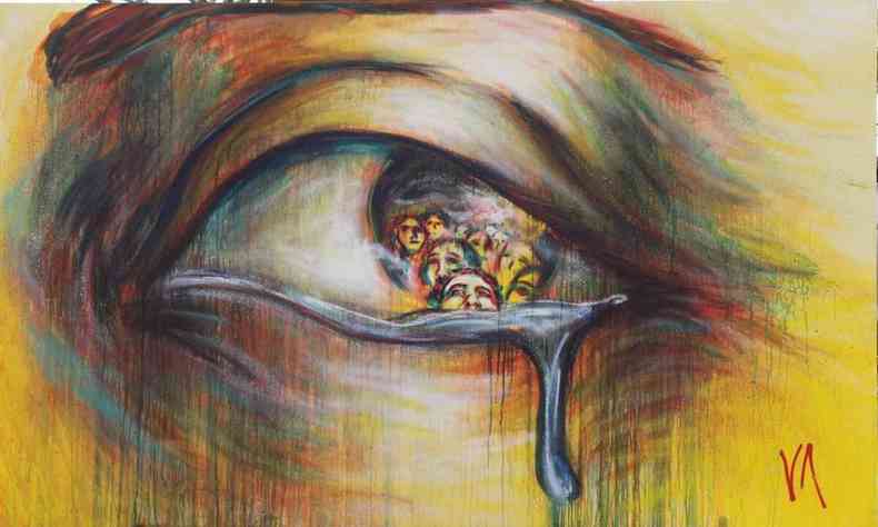 Pintura em desenho com olho humano chorando com a representao de pessoas se amontoando nos olhos para se transbordar em lgrimas.
