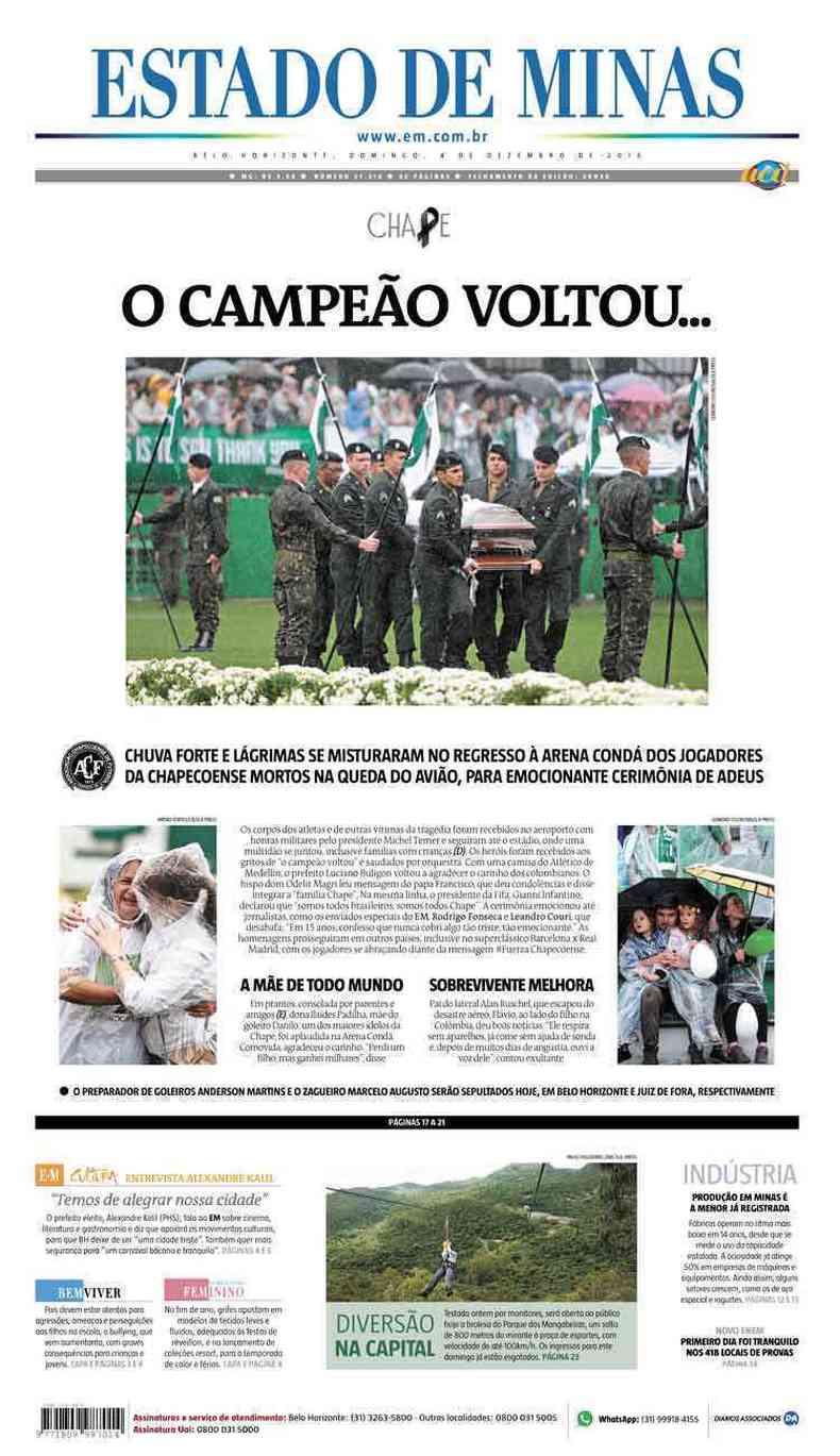 Confira a Capa do Jornal Estado de Minas do dia 05/12/2016