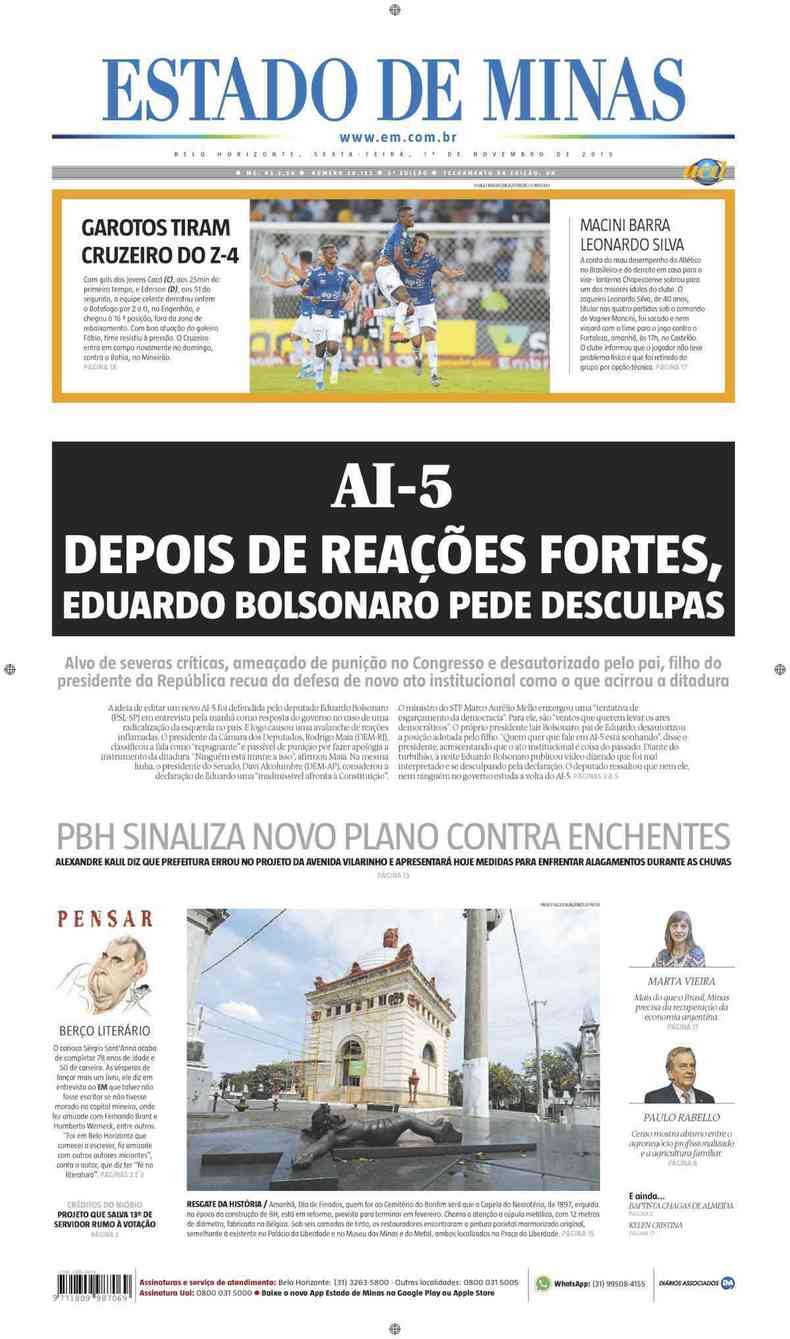 Confira a Capa do Jornal Estado de Minas do dia 01/11/2019(foto: Estado de Minas)