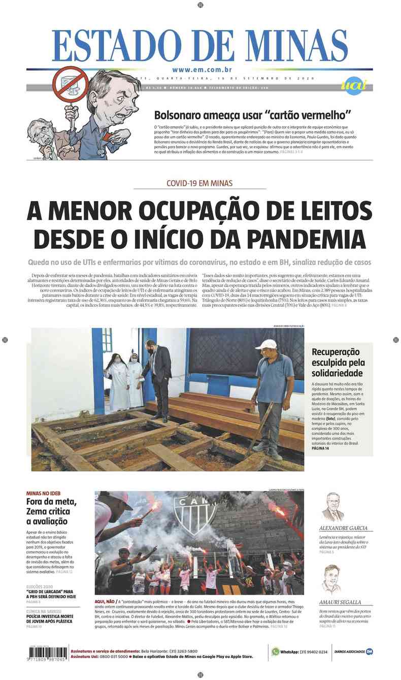 Confira a Capa do Jornal Estado de Minas do dia 16/09/2020(foto: Estado de Minas)