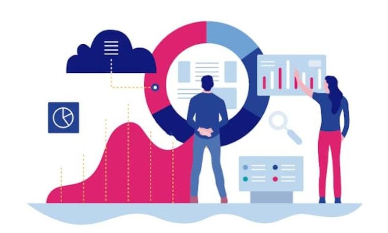 Gr�ficos em cores azul e rosa com duas pessoas desenhadas olhando e analisando os mesmos