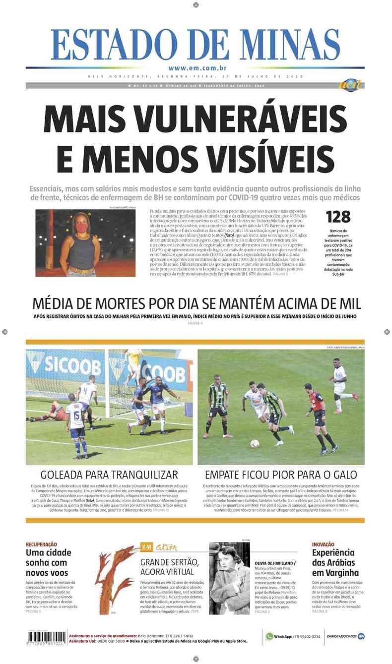 Confira a Capa do Jornal Estado de Minas do dia 27/07/2020(foto: Estado de Minas)
