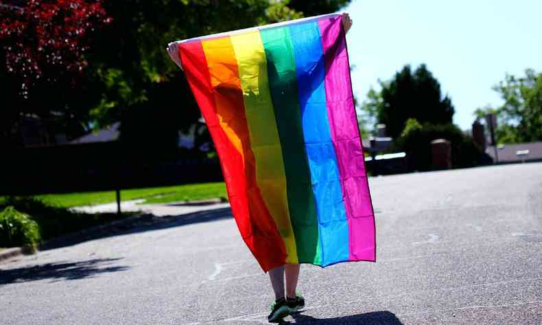 Pessoa andando pela rua segurando uma bandeira LGBT quase do seu tamanho 