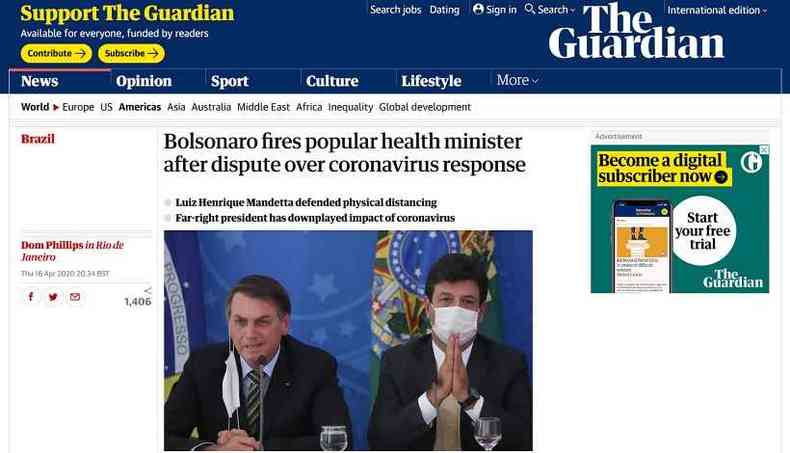 O jornal britnico The Guardian fala em disputa de Bolsonaro com Mandetta(foto: Reproduo)