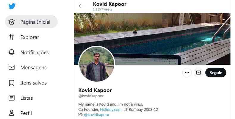 Página inicial do empresário indiano no Twitter