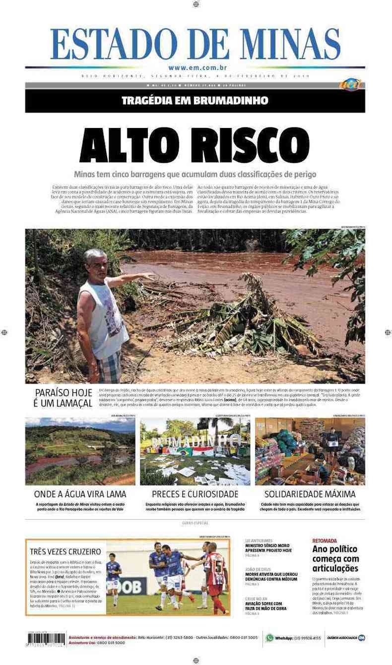Confira a Capa do Jornal Estado de Minas do dia 04/02/2019(foto: Estado de Minas)
