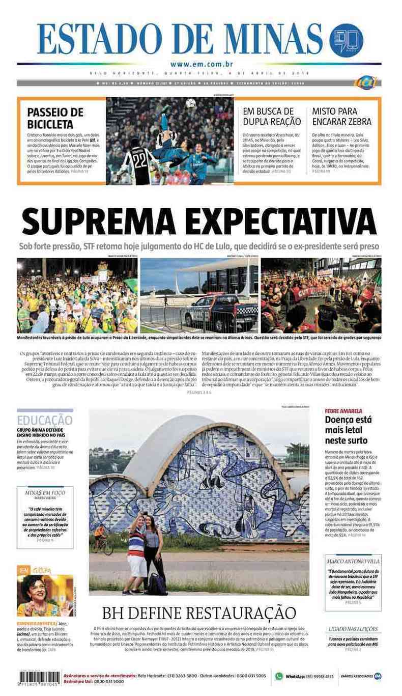 Confira a Capa do Jornal Estado de Minas do dia 04/04/2018