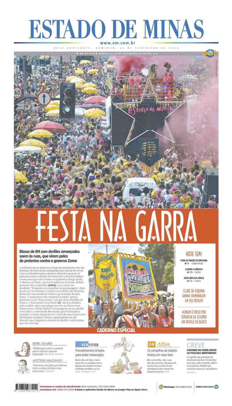 Confira a Capa do Jornal Estado de Minas do dia 23/02/2020(foto: Estado de Minas)