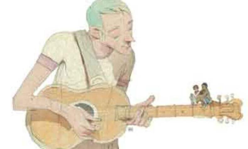 Ilustrao mostra homem tocando violo com meninos da capa de clube da esquina no brao