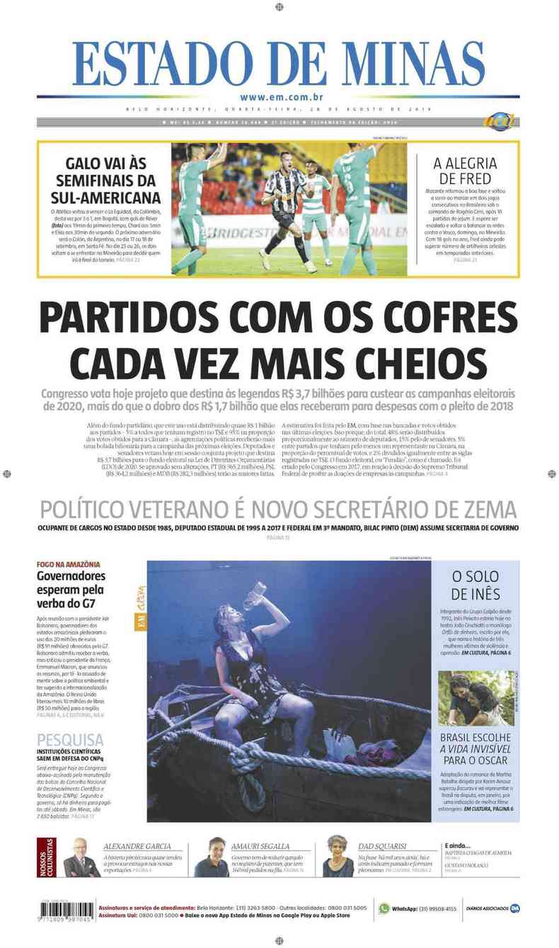 Confira a Capa do Jornal Estado de Minas do dia 28/08/2019(foto: Estado de Minas)