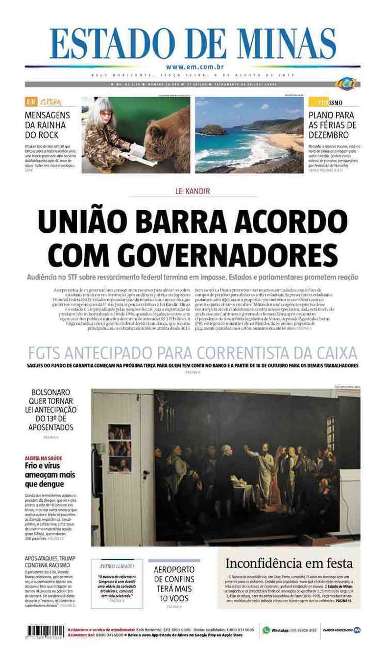 Confira a Capa do Jornal Estado de Minas do dia 06/08/2019(foto: Estado de Minas)