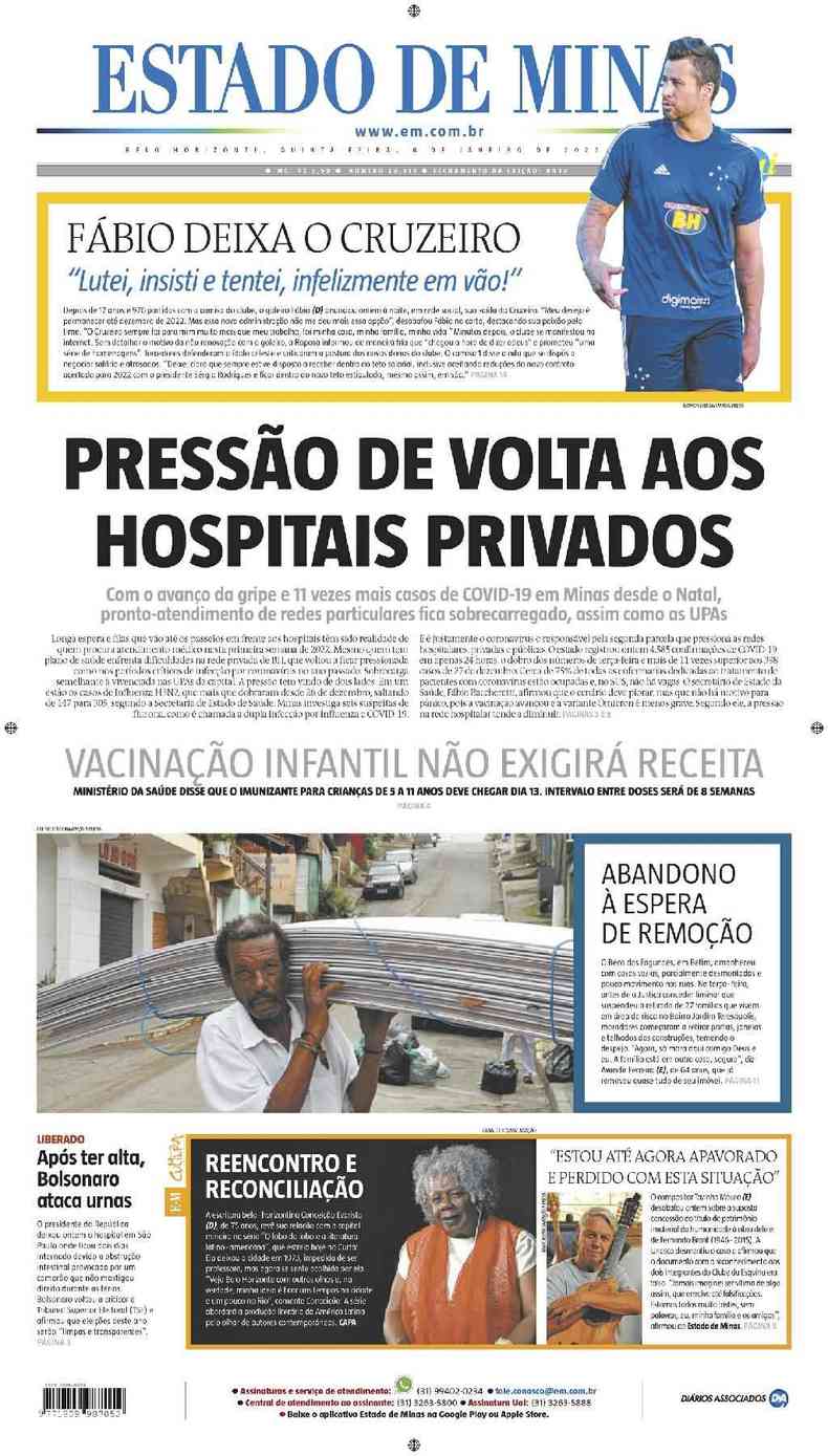 Confira a Capa do Jornal Estado de Minas do dia 06/01/2022