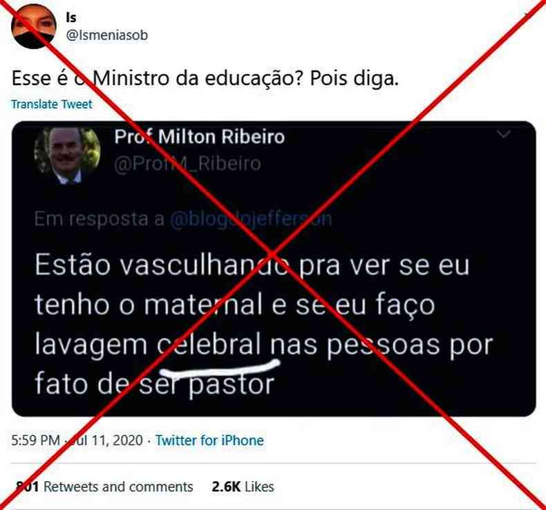 Captura de tela feita em 14 de julho de 2020 de tute atribuindo mensagem com erros ortogrficos ao ministro Milton Ribeiro