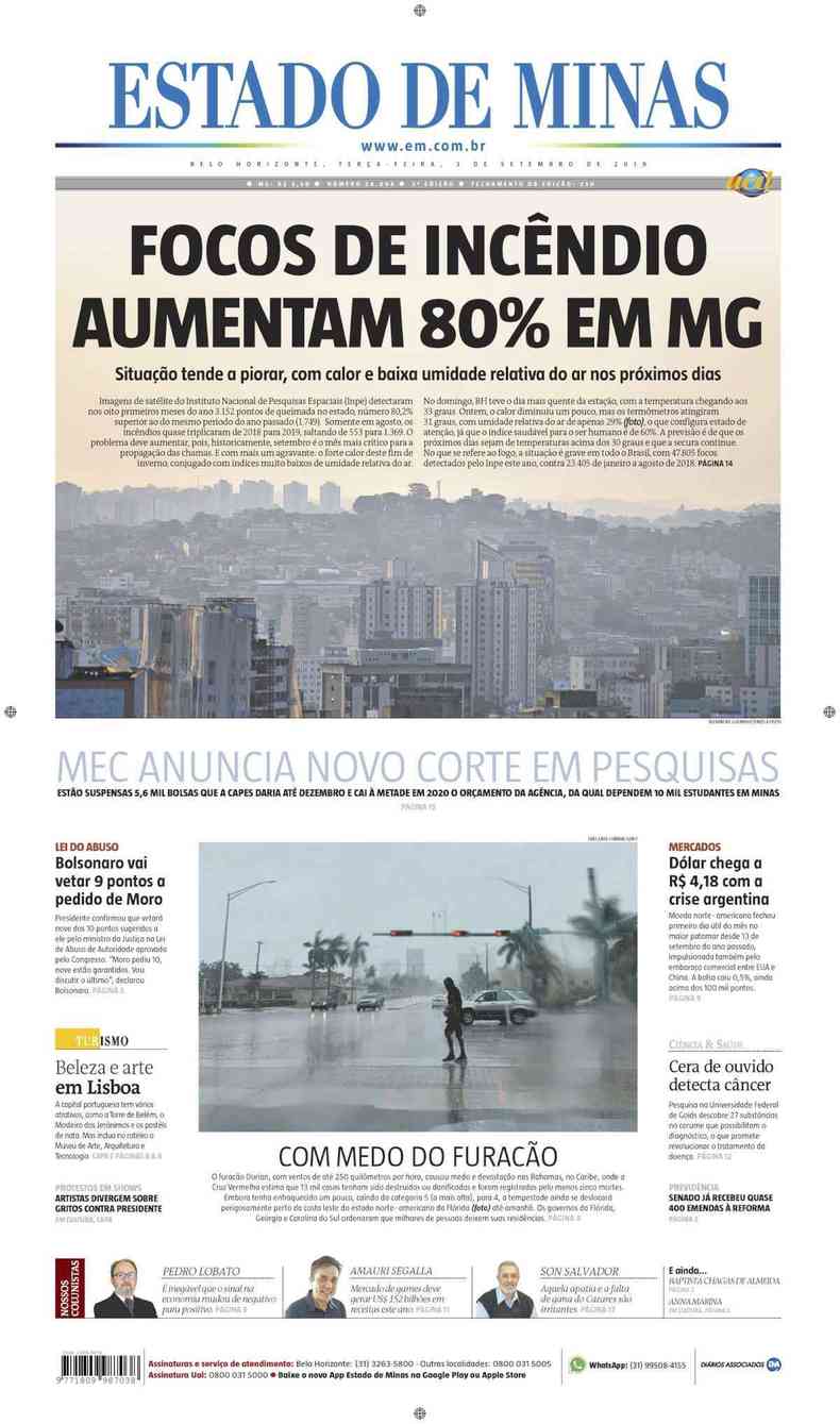 Confira a Capa do Jornal Estado de Minas do dia 03/09/2019(foto: Estado de Minas)
