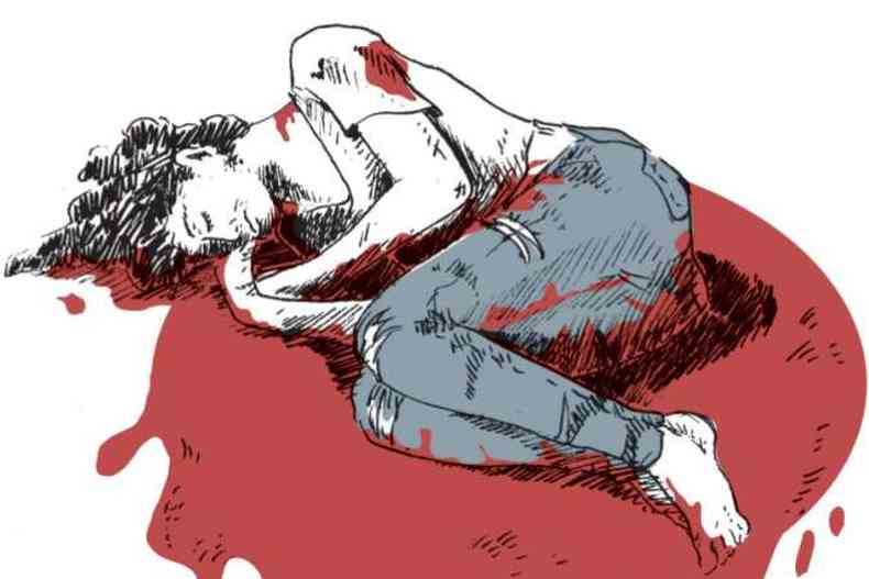 Ilustração com mulher deitada em poça de sangue