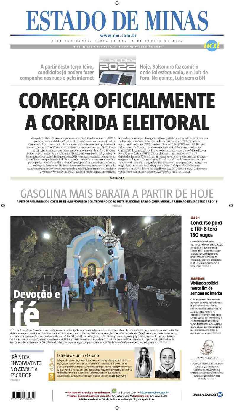 Confira a Capa do Jornal Estado de Minas do dia 16/08/2022