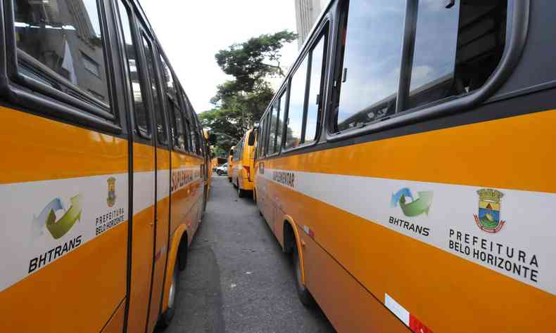 nibus do transporte suplementar enfileirados durante manifestao 